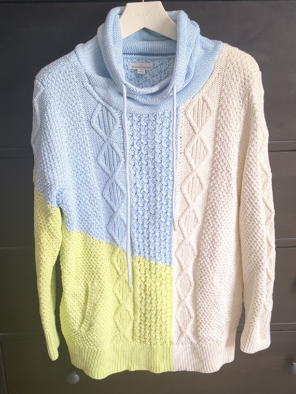 Signature Light Blue, Yellow And Creme Cable Knit Sweater
